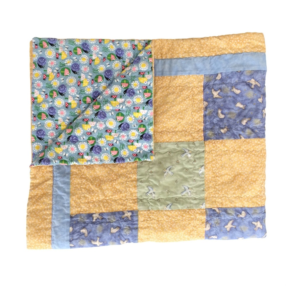 Handmade Patchwork Quilt 35x30 In Yellow Blue‎ Baby Blanket Birds Cotton